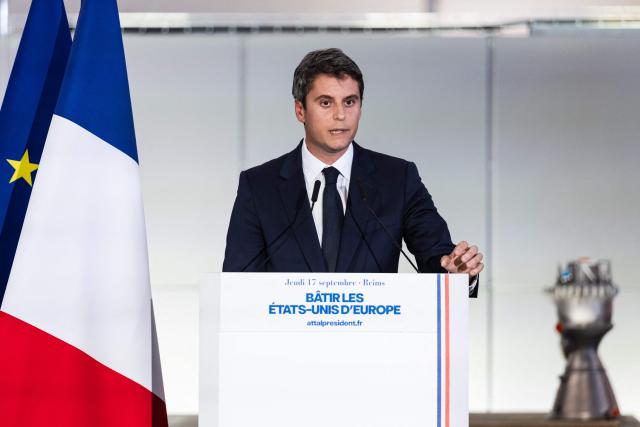 Centre-right party Renaissance candidate in France's 2027 presidential election Gabriel Attal delivers a speech on the future of Europe at the aerospace company Latitude in Reims, northeastern France, on September 17, 2026. (Photo by Sameer Al-DOUMY / AFP)