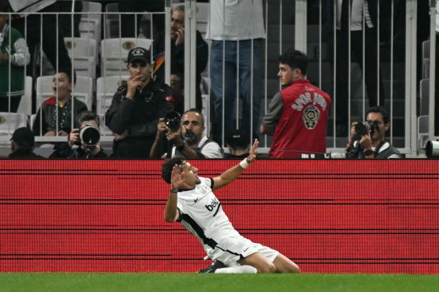Besiktas’ French forward #29 Ilhan Fakili celebrates after scoring his team's first goal during the UEFA Europa League first round 1 day 1 football match between Besiktas and Olympique de Marseille (OM) at Besiktas Tupras Stadium in Istanbul, on September 17, 2026. (Photo by Ozan KOSE / AFP)
