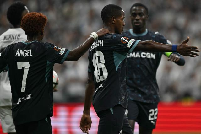 Marseille’s French forward #48 Keyliane Abdallah (C) celebrates with teammates scoring his team's first goal during the UEFA Europa League first round 1 day 1 football match between Besiktas and Olympique de Marseille (OM) at Besiktas Tupras Stadium in Istanbul, on September 17, 2026. (Photo by Ozan KOSE / AFP)