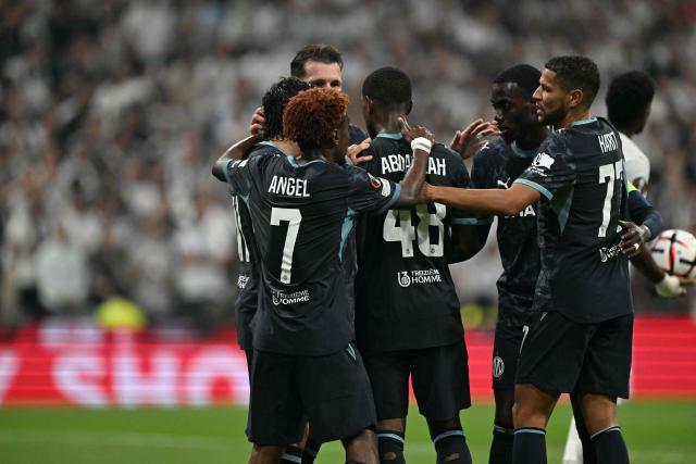 Marseille’s French forward #48 Keyliane Abdallah (C) celebrates with teammates scoring his team's first goal during the UEFA Europa League first round 1 day 1 football match between Besiktas and Olympique de Marseille (OM) at Besiktas Tupras Stadium in Istanbul, on September 17, 2026. (Photo by Ozan KOSE / AFP)
