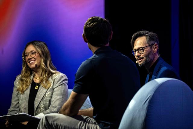 Scientific Director of the Mila Institute Hugo Larochelle (R) participates in a panel discussion during day two of the "ALL IN 2026" conference at the Palais des Congres de Montreal in Montreal, Quebec, Canada, on September 17, 2026. "ALL IN" is Canada's largest artificial intelligence and technology event. (Photo by ANDREJ IVANOV / AFP)