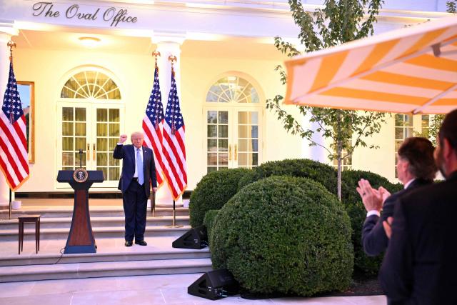 US President Donald Trump gestures after speaking during a Rose Garden dinner at the White House in Washington, DC, on September 17, 2026. (Photo by Mandel NGAN / AFP)