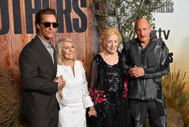 (L/R) US actor Matthew McConaughey, his mother “Kay” McConaughey, US actress Holland Taylor and US actor Woody Harrelson attend the premiere of Apple TV series "Brothers" at the Hammer Museum in Los Angeles on September 17, 2026. (Photo by LISA O'CONNOR / AFP)