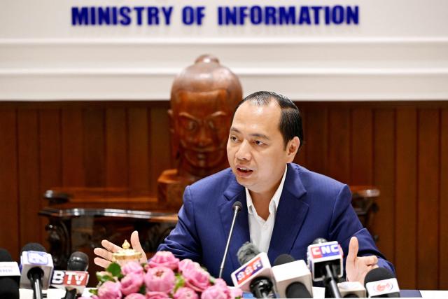 Cambodia's Information Minister Neth Pheaktra speaks during a press conference at the Ministry of Information in Phnom Penh on September 18, 2026, regarding the upcoming International Conference on combating online scams scheduled for September 23–24. (Photo by TANG CHHIN Sothy / AFP)