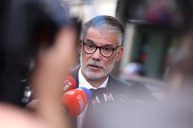 First secretary of French left-wing party Socialist (PS) Olivier Faure speaks to press as he leaves after a meeting with France's President at the presidential Elysee Palace in Paris on September 18, 2026, to discuss international conflicts and their domestic implications. (Photo by Kenzo TRIBOUILLARD / AFP)