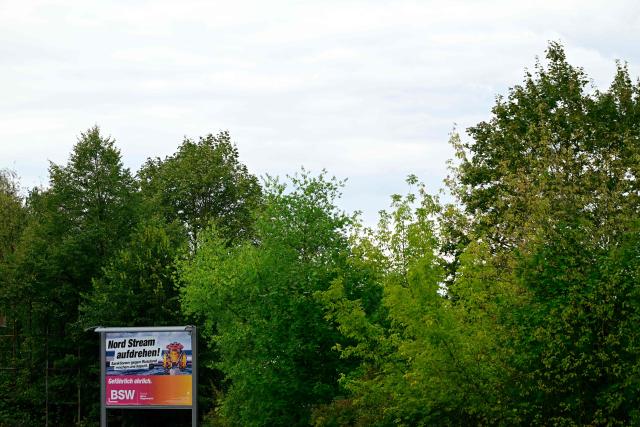 An election campaign poster of the pro-Russian left-wing BSW party reading 'Turn the tap of the Nord Stream back on - Sanctions against Russia break us' for the upcoming regional elections in the northern German state of Mecklenburg-Western Pomerania, is pictured in Neubrandenburg, north-eastern Germany, on September 18, 2026. Mecklenburg-Western Pomerania's State elections take place on September 20, 2026. (Photo by John MACDOUGALL / AFP)