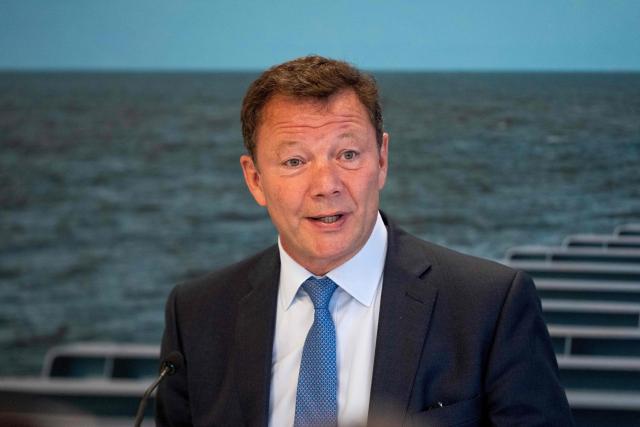 INEOS Energy CEO David Bucknall reacts on stage during the inauguration of the Greensand carbon capture and storage (CCS) project in Esbjerg, Denmark, on September 18, 2026. Greensand is the first project in the European Union designed to demonstrate a full CCS value chain, including the capture, transport and storage of carbon dioxide in depleted oil and gas reservoirs beneath the North Sea. (Photo by Bo Amstrup / Ritzau Scanpix / AFP) / Denmark OUT