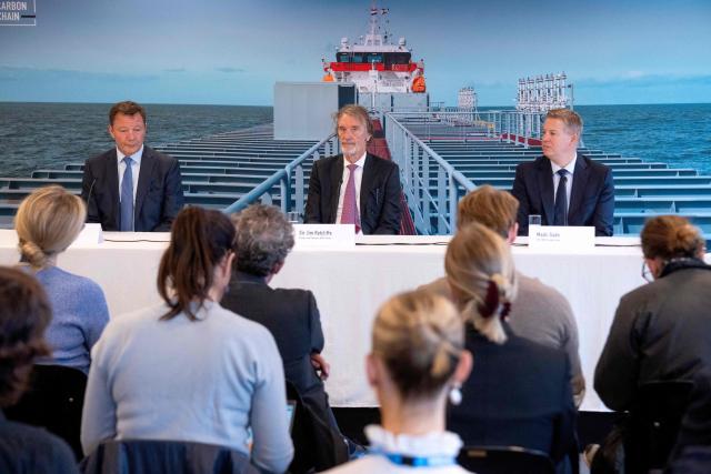 INEOS Energy CEO David Bucknall, INEOS chairman Sir Jim Ratcliffe, and Head of INEOS Energy's upstream and CCS activities in Denmark Mads Gade address a press conference during the inauguration of the Greensand carbon capture and storage (CCS) project in Esbjerg, Denmark, on September 18, 2026. Greensand is the first project in the European Union designed to demonstrate a full CCS value chain, including the capture, transport and storage of carbon dioxide in depleted oil and gas reservoirs beneath the North Sea. (Photo by Bo Amstrup / Ritzau Scanpix / AFP) / Denmark OUT