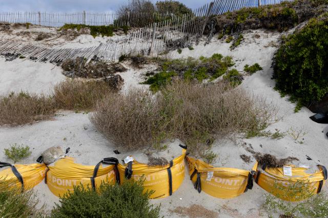 This photograph taken in Loctody, western France on September 18, 2026 shows a reinforced dune with bundles next to collapsed fences due to the erosion of the coast by the tide. (Photo by Fred TANNEAU / AFP)