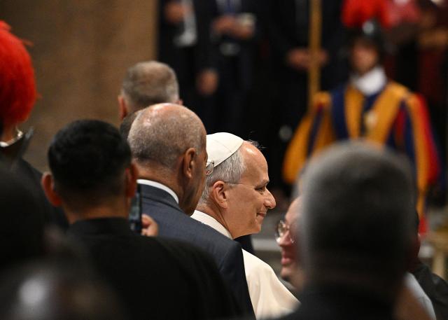 Pope Leo XIV (C) arrives to attend a Diocesan assembly of Rome at the Basilica of Saint John Lateran, in central Rome, on September 18, 2026. (Photo by Andreas SOLARO / AFP)