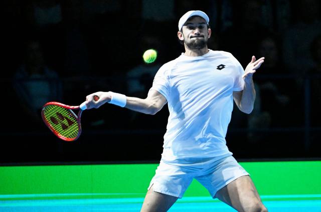 Monaco's Valentin Vacherot plays against Finland's Eero Vasa during the Davis Cup World Group I tennis match between Finland and Monaco in Espoo, Finland, on September 18, 2026. (Photo by Heikki Saukkomaa / Lehtikuva / AFP) / Finland OUT