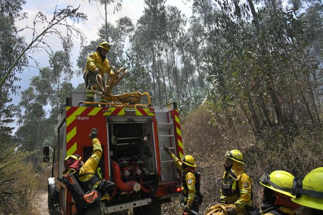 Firefighters work to control a fire on the southern side of Casitagua Hill, in northern Quito on September 18, 2026. Firefighters battled wildfires sweeping through a forest in Ecuador's capital Quito on September 18, with authorities saying they had evacuated dozens of people. (Photo by Rodrigo BUENDIA / AFP)