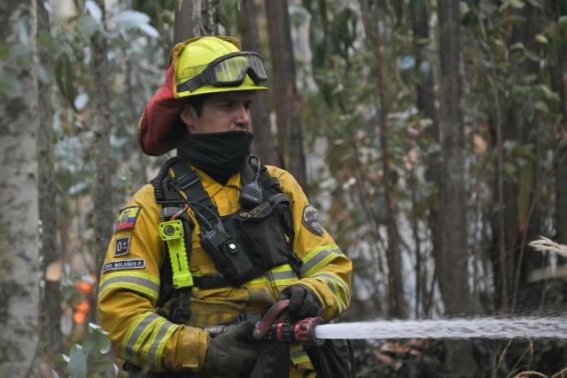 A firefighter works to control a fire on the southern side of Casitagua Hill, in northern Quito on September 18, 2026. Firefighters battled wildfires sweeping through a forest in Ecuador's capital Quito on September 18, with authorities saying they had evacuated dozens of people. (Photo by Rodrigo BUENDIA / AFP)