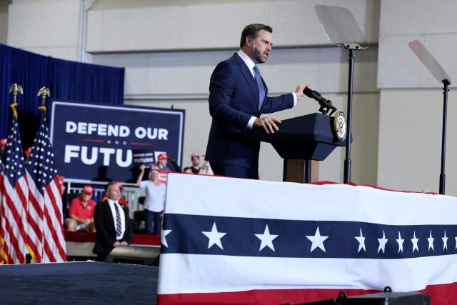 US Vice President JD Vance speaks during a midterm rally at the Mid-America Center in Council Bluffs, Iowa, on September 18, 2026. Vance is visiting Iowa to promote Republican candidates ahead of the midterm elections including Iowa Republican gubernatorial nominee Zach Lahn. (Photo by Anna Moneymaker / POOL / AFP)