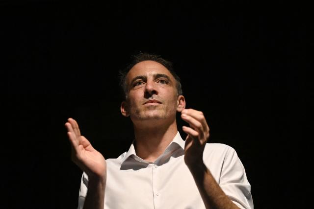 Candidate in the Socialist (PS) and centre-left Place Publique (PP) parties primary ahead of France's 2027 presidential election Raphael Glucksmann reacts during a press conference and public meeting in Montpellier, southern France, on September 18, 2026. (Photo by Sylvain THOMAS / AFP)