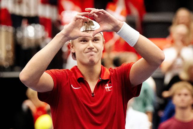 Denmark's Holger Rune celebrates after winning against Bulgaria's Iliyan Radulov during the Davis Cup World Group I tennis match Denmark vs Bulgaria at the Royal Stage venue in Hillerod, Denmark on September 18, 2026. (Photo by Sebastian Elias Uth / Ritzau Scanpix / AFP) / Denmark OUT