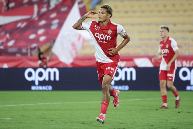 Monaco's German forward #29 Paris Brunner celebrates after scoring a goal during the French L1 football match between AS Monaco and RC Lens at the Stade Louis II in Monaco on September 18, 2026. (Photo by Valery HACHE / AFP)