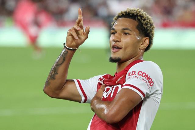 Monaco's German forward #29 Paris Brunner celebrates after scoring a goal during the French L1 football match between AS Monaco and RC Lens at the Stade Louis II in Monaco on September 18, 2026. (Photo by Valery HACHE / AFP)