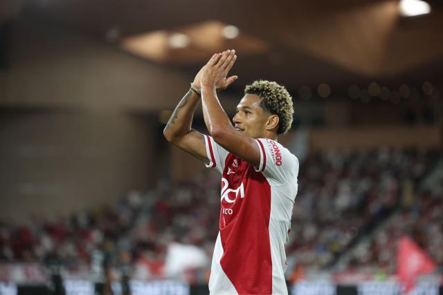 Monaco's German forward #29 Paris Brunner celebrates after scoring a goal during the French L1 football match between AS Monaco and RC Lens at the Stade Louis II in Monaco on September 18, 2026. (Photo by Valery HACHE / AFP)