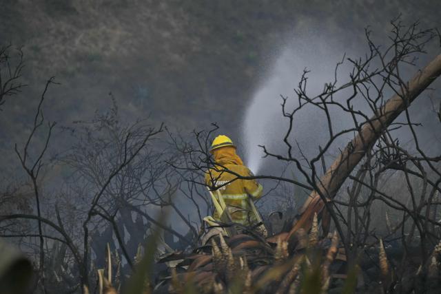 A firefighter works to control a fire on the southern side of Casitagua Hill, in northern Quito on September 18, 2026. Firefighters battled wildfires sweeping through a forest in Ecuador's capital Quito on September 18, with authorities saying they had evacuated dozens of people. (Photo by Rodrigo BUENDIA / AFP)
