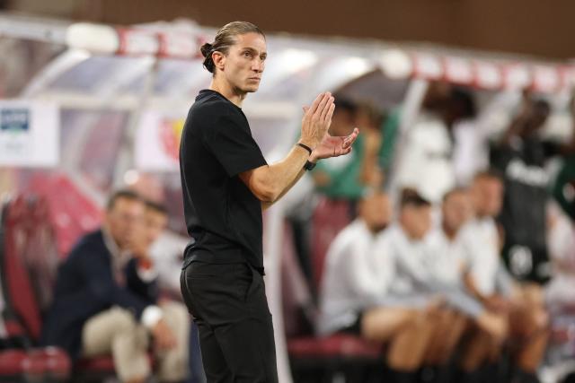 Monaco's Brazilian headcoach Filipe Luis reacts during the French L1 football match between AS Monaco and RC Lens at the Stade Louis II in Monaco on September 18, 2026. (Photo by Valery HACHE / AFP)