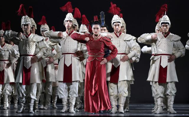Dancers from the China Ningbo Performance and Arts Group perform a scene from the award-winning Chinese dance drama “Mulan” during a dress rehearsal at the David H. Koch Theater at Lincoln Center in New York on September 18,, 2026. The China Arts and Entertainment Group (CAEG) is presenting the New York debut of the award-winning dance drama. (Photo by TIMOTHY A. CLARY / AFP)