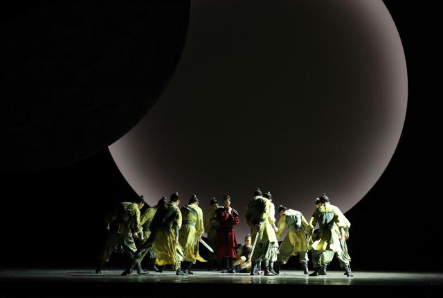 Dancers from the China Ningbo Performance and Arts Group perform a scene from the award-winning Chinese dance drama “Mulan” during a dress rehearsal at the David H. Koch Theater at Lincoln Center in New York on September 18, 2026. The China Arts and Entertainment Group (CAEG) is presenting the New York debut of the award-winning dance drama. (Photo by TIMOTHY A. CLARY / AFP)