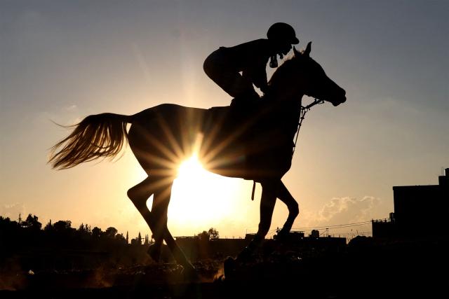 A Palestinian jockey rides during a local horse race in al-Majd, west of the Israeli-occupied West Bank city of Hebron on September 18, 2026. As open land becomes increasingly scarce amid expanding Israeli settlement construction in the occupied West Bank, horse culture has emerged as one of the rare forms of recreation that still draws Palestinians together, from urban neighborhoods to rural villages. (Photo by HAZEM BADER / AFP)
