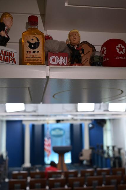 Memorabilia is seen in the James Brady press briefing room of the White House on September 19, 2026 in Washington, DC. The White House made good on US President Donald Trump's vow to deny CNN, MS NOW and Politico access to the presidential mansion as punishment for reporting what he calls "fake news." The three news outlets denounced the ban as a violation of the US constitution and vowed to keep reporting on the US government. (Photo by Oliver Contreras / AFP)
