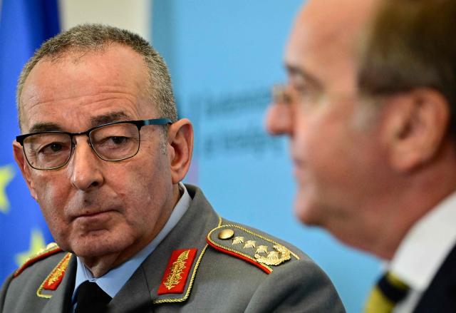 (FILES) German Defence Minister Boris Pistorius and the General Inspector of the German armed forces Carsten Breuer give a press conference on the status of the German armed forces Bundeswehr, on April 22, 2026 at the Defence ministry in Berlin. The German Carsten Breuer was elected on September 19, 2026 as chairman of NATO’s Military Committee, to succeed the Italian Giuseppe Cavo Dragone in mid-2027, Berlin announced, adding that the general will have the “clear line” of confronting the growing Russian “threat”. (Photo by Tobias SCHWARZ / AFP)