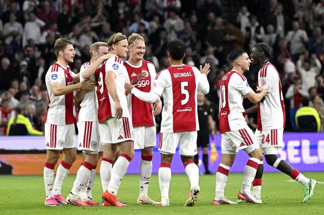 Ajax's German midfielder #08 Julian Brandt celebrates scoring his team first goal during the Dutch Eredivisie football match between Ajax Amsterdam and SBV Excelsior at the Johan Cruijff ArenA in Amsterdam on September 19, 2026. (Photo by Olaf Kraak / ANP / AFP) / Netherlands OUT