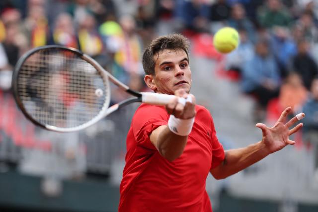 Spain's Rafael Jodar returns the ball to Chile's Christian Garin during their Davis Cup Qualifiers second-round tennis match at the Parque Deportivo Estadio Nacional in Santiago on September 19, 2026. (Photo by Javier TORRES / AFP)