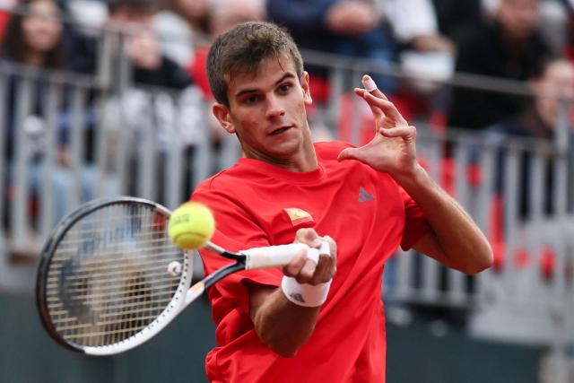 Spain's Rafael Jodar returns the ball to Chile's Christian Garin during their Davis Cup Qualifiers second-round tennis match at the Parque Deportivo Estadio Nacional in Santiago on September 19, 2026. (Photo by Javier TORRES / AFP)