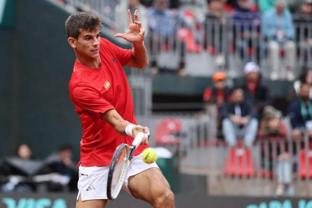 Spain's Rafael Jodar returns the ball to Chile's Christian Garin during their Davis Cup Qualifiers second-round tennis match at the Parque Deportivo Estadio Nacional in Santiago on September 19, 2026. (Photo by Javier TORRES / AFP)