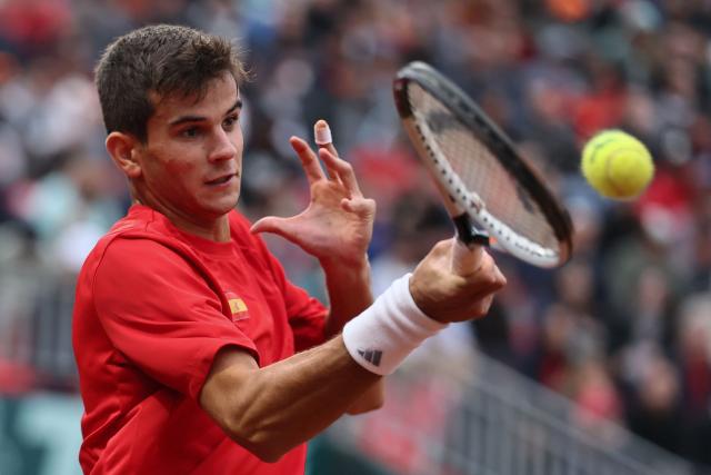 Spain's Rafael Jodar returns the ball to Chile's Christian Garin during their Davis Cup Qualifiers second-round tennis match at the Parque Deportivo Estadio Nacional in Santiago on September 19, 2026. (Photo by Javier TORRES / AFP)