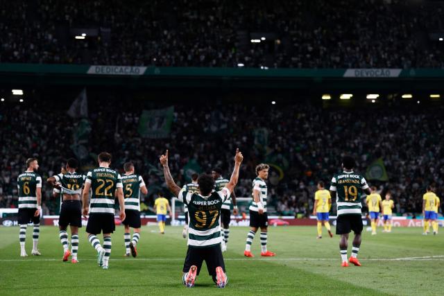 Sporting Lisbon's Colombian forward #97 Luis Suarez celebrates scoring his team's second goal during the Portuguese League football match between Sporting CP and FC Arouca at the Jose Alvalade stadium in Lisbon on September 19, 2026. (Photo by FILIPE AMORIM / AFP)
