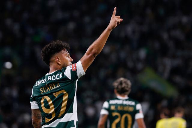 Sporting Lisbon's Colombian forward #97 Luis Suarez celebrates scoring his team's second goal during the Portuguese League football match between Sporting CP and FC Arouca at the Jose Alvalade stadium in Lisbon on September 19, 2026. (Photo by FILIPE AMORIM / AFP)