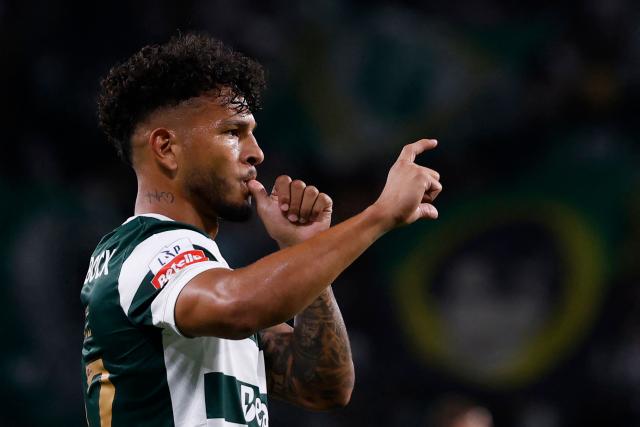 Sporting Lisbon's Colombian forward #97 Luis Suarez celebrates scoring his team's second goal during the Portuguese League football match between Sporting CP and FC Arouca at the Jose Alvalade stadium in Lisbon on September 19, 2026. (Photo by FILIPE AMORIM / AFP)