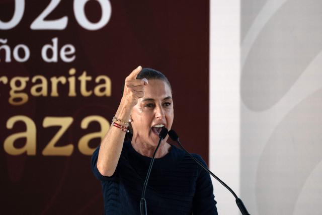 Mexico's President Claudia Sheinbaum gives a speech during the presentation of her second year government report in Tijuana, Baja California state, Mexico on September 19, 2026. (Photo by Guillermo Arias / AFP)