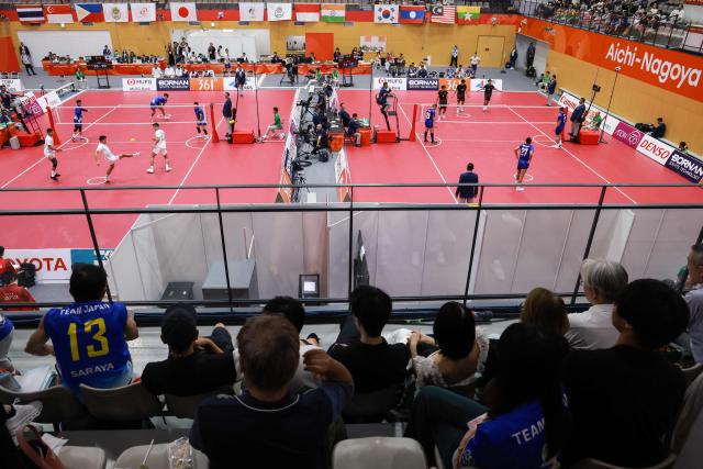 A general view shows the men's team regu sepak takraw event at Nagoya City Mizuho Park Gymnasium in Nagoya on September 21, 2026. (Photo by DAVID GRAY / AFP)