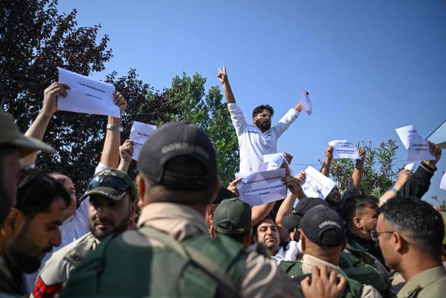 Supporters of the Jammu and Kashmir Apni Party (JKAP) take part in a protest against the government over unemployment and lack of basic amenities in Srinagar on September 21, 2026. (Photo by Tauseef MUSTAFA / AFP)