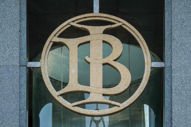 The Bank Indonesia (Indonesia's Central Bank) logo on display at the central bank's headquarters in Jakarta on September 21, 2026. (Photo by BAY ISMOYO / AFP)