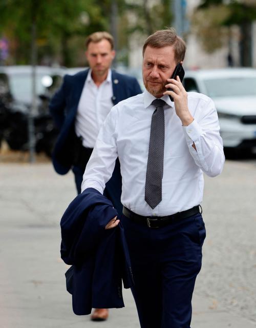 Saxony's State Premier and Board Member of Germany's Christian Democratic Union (CDU) Michael Kretschmer arrives for a leadership meeting at the CDU headquarters one day after state elections in Berlin and Mecklenburg-Western Pomerania on September 21, 2026 in Berlin.. (Photo by Jens SCHLUETER / AFP)