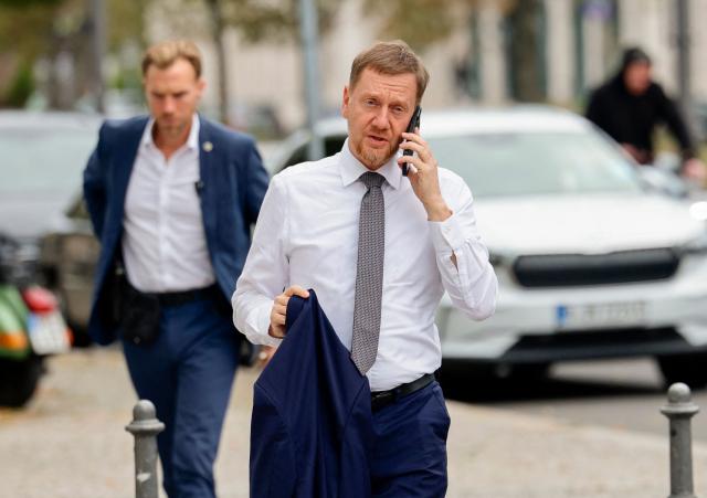 Saxony's State Premier and Board Member of Germany's Christian Democratic Union (CDU) Michael Kretschmer arrives for a leadership meeting at the CDU headquarters one day after state elections in Berlin and Mecklenburg-Western Pomerania on September 21, 2026 in Berlin.. (Photo by Jens SCHLUETER / AFP)