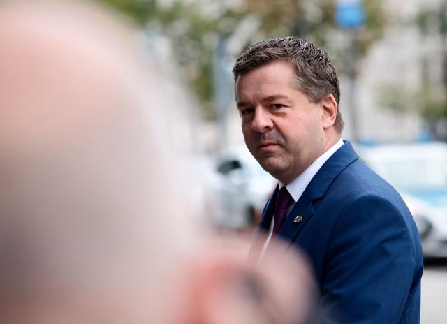 Saxony-Anhalt's State Premier and board member of Germany's Christian Democratic Union (CDU) Sven Schulze arrives for a leadership meeting at the CDU headquarters one day after state elections in Berlin and Mecklenburg-Western Pomerania on September 21, 2026 in Berlin.. (Photo by Jens SCHLUETER / AFP)