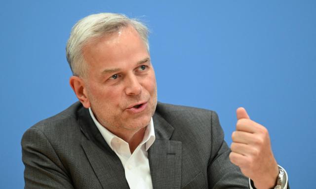 The candidate for Mecklenburg-Western Pomerania's State Premier of the far-right Alternative for Germany (AfD) party Leif-Erik Holm speaks during a press conference one day after state elections in Berlin and Mecklenburg-Western Pomerania, in Berlin on September 21, 2026. (Photo by RALF HIRSCHBERGER / AFP)