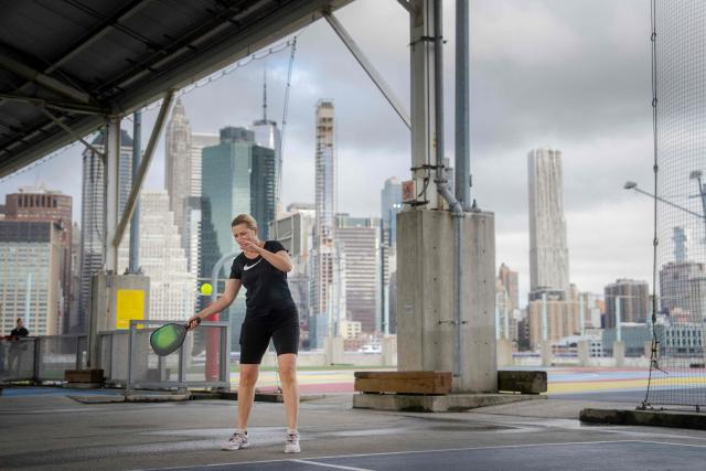 Denmark's Prime Minister Mette Frederiksen plays pickleball in Brooklyn, New York, on September 21, 2026. An agreement between the United States, Greenland and Denmark is expected to be signed on the sidelines of the United Nations General Assembly. (Photo by Mads Claus Rasmussen / Ritzau Scanpix / AFP) / Denmark OUT