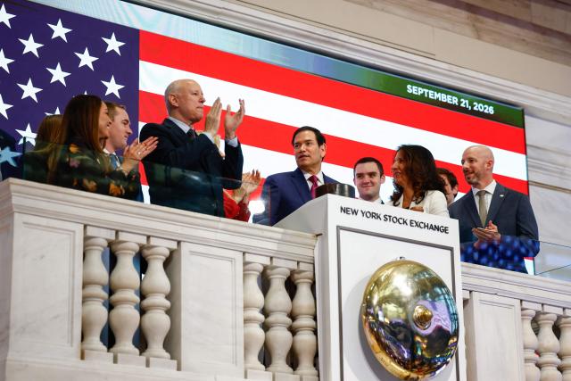 US Secretary of State Marco Rubio (C) reacts after ringing the opening bell at the New York Stock Exchange (NYSE), in New York City, on September 21, 2026. Rubio is attending this week's United Nations General Assembly in New York (Photo by Jeenah Moon / POOL / AFP)