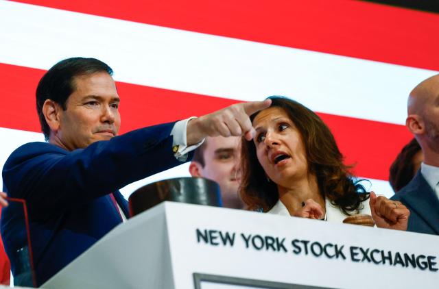 US Secretary of State Marco Rubio points his finger as he rings the opening bell at the New York Stock Exchange (NYSE), in New York City, on September 21, 2026. Rubio is attending this week's United Nations General Assembly in New York (Photo by Jeenah Moon / POOL / AFP)