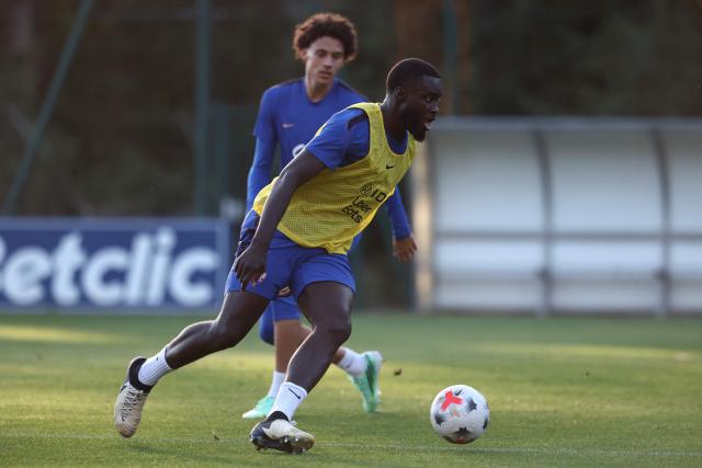 France's defender Dayot Upamecano takes part in a training session four days ahead of France's UEFA Nations League football match against Turkey in Clairefontaine-en-Yvelines outside Paris, on September 21, 2026. The gathering is the first of the French national team under its new coach Zinedine Zidane, appointed on July 28, 2026 on a four-year contract. The Nations League, which France won in 2021, will dominate Zidane's attention in the coming months before the draw for the Euro 2028 qualifying tournament takes place in early December. (Photo by FRANCK FIFE / AFP)